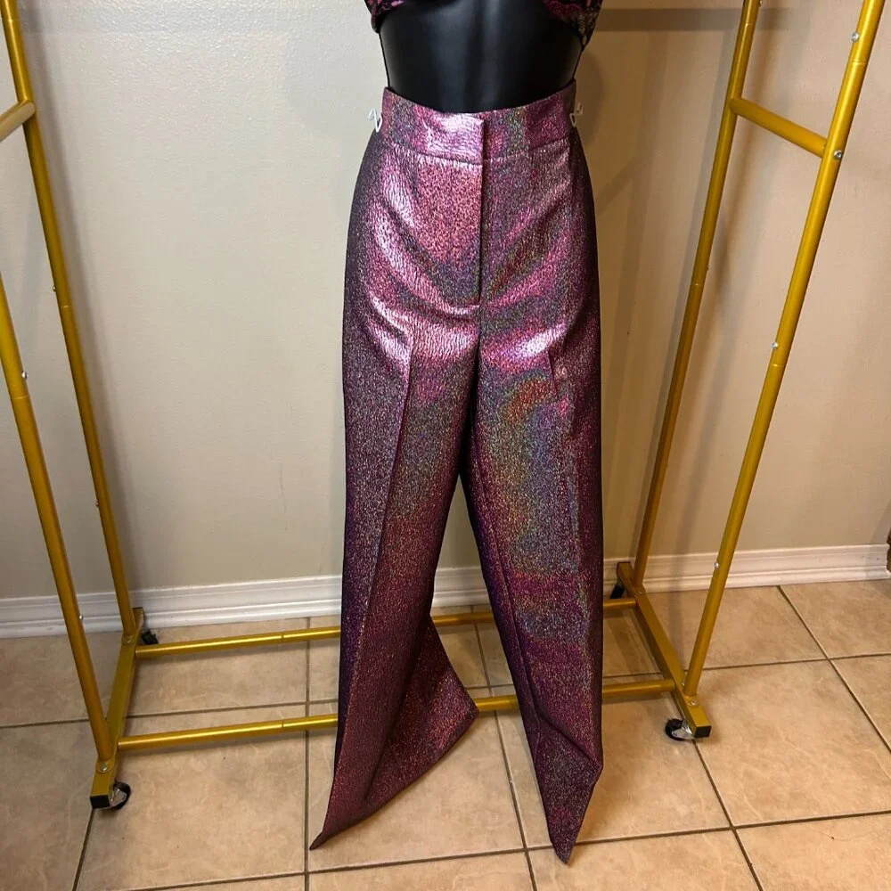 NWT ANTONIO MELANI Metallic Pink Wide-Leg Pants 6 - Picture 11 of 14